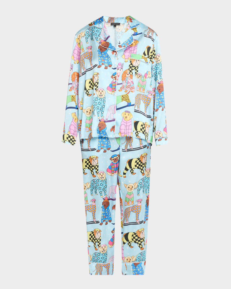 Ski Dogs Printed Cropped Satin Pajama Set